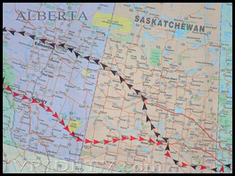 Map of route taken in Alberta and Saskatchewan on a Motorcycle trip across Canada. vridetv.com Virtual Riding TV