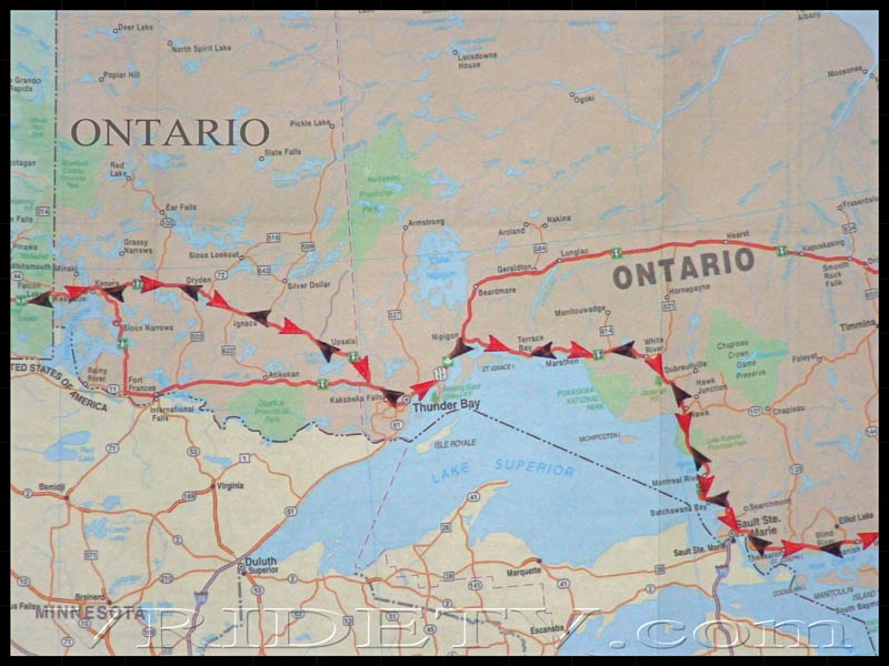 Map of route taken in Ontario on a Motorcycle trip across Canada. vridetv.com Virtual Riding TV