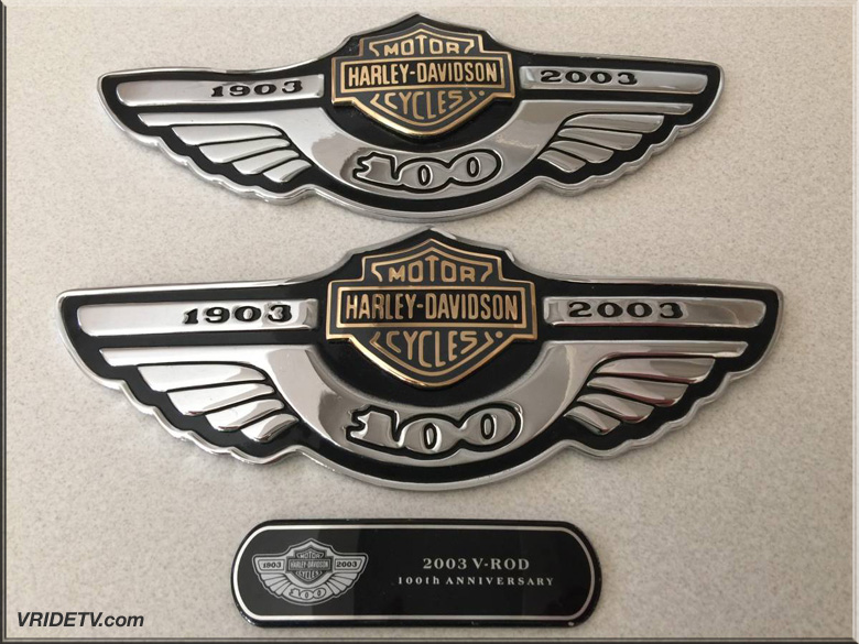 Genuine 2003 Harley Davidson 100th Anniversary emblems for airbox. These are from the gold key package edition.